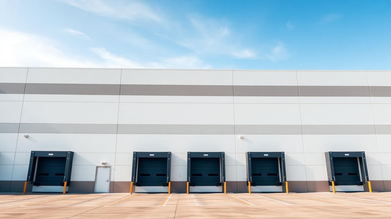 Warehouse or asset exterior, wide daylight shot